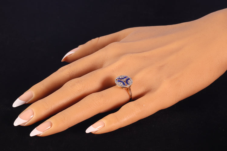 Bague 50 Bague Art déco vintage en or jaune 18K, diamants et émail bleu 58 Facettes 22236-0281