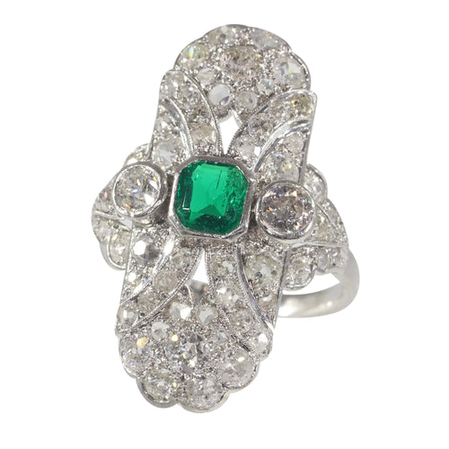 Bague 54 Bague Art déco de fiançailles en platine, diamants et émeraude 58 Facettes 22151-0121