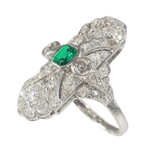 Bague 54 Bague Art déco de fiançailles en platine, diamants et émeraude 58 Facettes 22151-0121