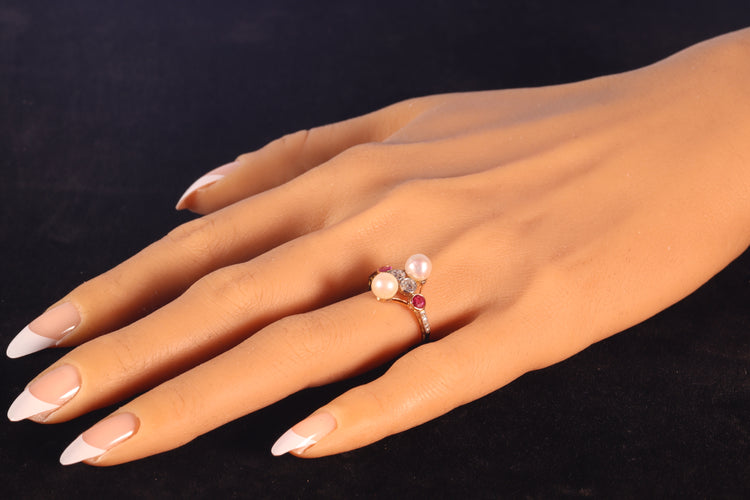 Bague 57 Bague Art déco vintage en or jaune 18 carats avec diamants, rubis et perles 58 Facettes 22298-0288