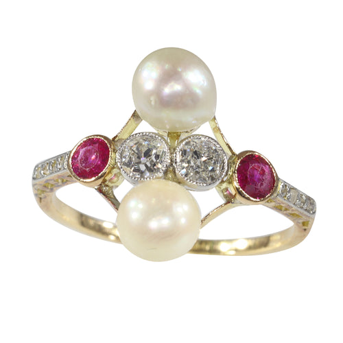 Bague 57 Bague Art déco vintage en or jaune 18 carats avec diamants, rubis et perles 58 Facettes 22298-0288