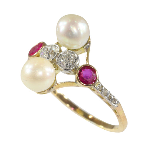 Bague 57 Bague Art déco vintage en or jaune 18 carats avec diamants, rubis et perles 58 Facettes 22298-0288