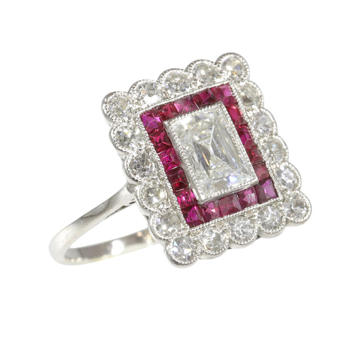 Bague 54 Bague Art déco - Bague en platine avec diamants et rubis 58 Facettes 23249-0100