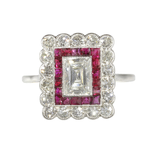 Bague 54 Bague Art déco - Bague en platine avec diamants et rubis 58 Facettes 23249-0100