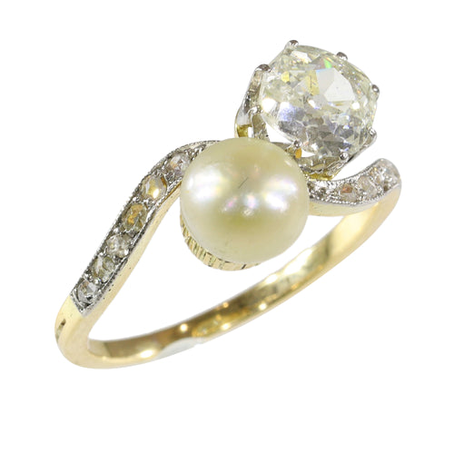 Bague 52 Bague Toi et Moi Belle Époque en or jaune 18K, platine, diamants et perle 58 Facettes 24029-0360