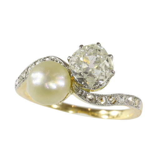 Bague 52 Bague Toi et Moi Belle Époque en or jaune 18K, platine, diamants et perle 58 Facettes 24029-0360
