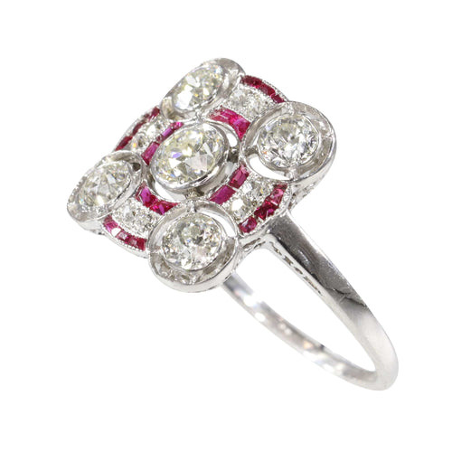 Bague 54 Art déco - Bague en platine avec diamants et rubis 58 Facettes 24289-0203