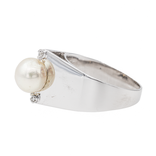 Bague 54 Bague en or blanc 18 carats avec perle et diamants 58 Facettes 2999434CN