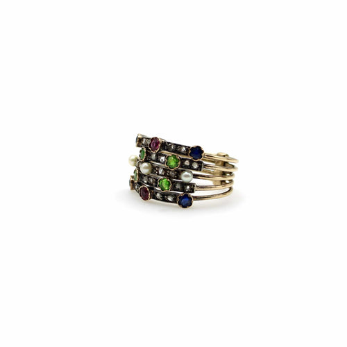 Bague Bague harem édouardienne en or 14K avec diamants, rubis, saphirs, grenats et perles 58 Facettes