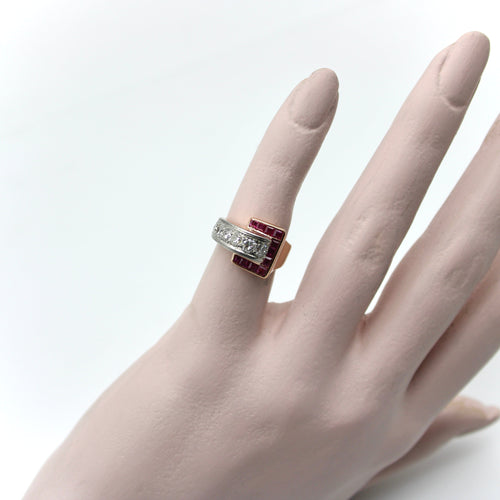Bague Bague boucle rétro en or rose 14K avec diamants et rubis 58 Facettes