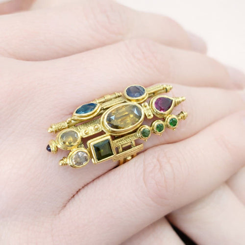 Bague 53 Bague architecturale en or jaune 18 carats et pierres fines polychromes 58 Facettes 34550