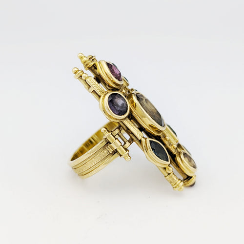 Bague 53 Bague architecturale en or jaune 18 carats et pierres fines polychromes 58 Facettes 34550