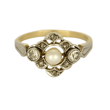 Bague 50.5 Bague de jeune fille en or jaune et or blanc 18K, diamants et perle de culture 58 Facettes SQU3784X5