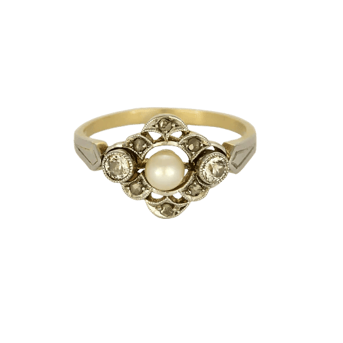 Bague 50.5 Bague de jeune fille en or jaune et or blanc 18K, diamants et perle de culture 58 Facettes SQU3784X5