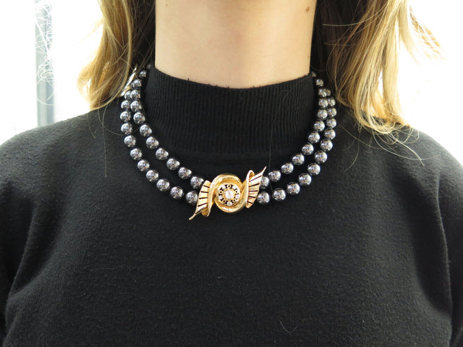 Collier Collier double rangs perles d'hématite noires en or jaune 18k et diamants 0,67 ct 58 Facettes 272071