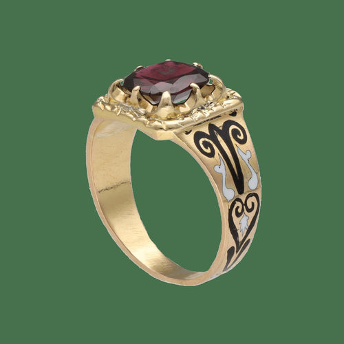Bague 54 Bague chevalière Napoléon III en or jaune 18K avec émail et grenat, taille 54 58 Facettes FB10425