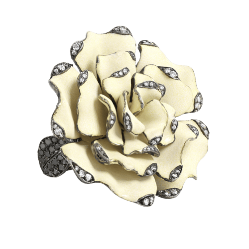 Bague 55 Lydia Courteille - Bague Fleur de Camélia en or noir, émail et diamants noirs 58 Facettes 61E00229