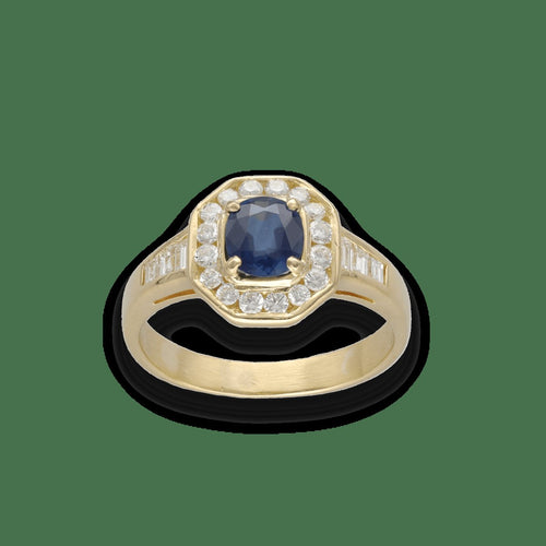 Bague 56 Bague Saphir & Diamants – Or Jaune 18k – Saphir Central 0,80 ct – Diamants Brillants & Baguettes 0,50 ct G-VS – Taille 56 58 Facettes FB11169