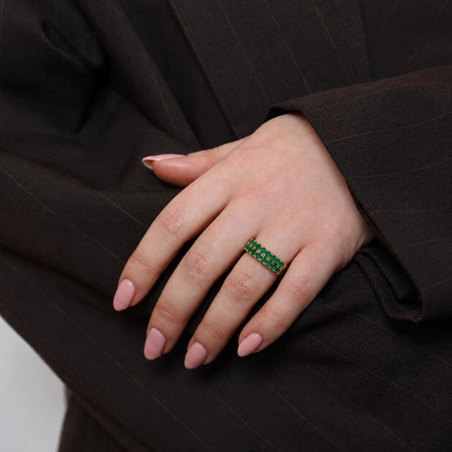Bague 52 Bague vintage en or jaune 14k sertie d’émeraudes rondes 58 Facettes 2601022