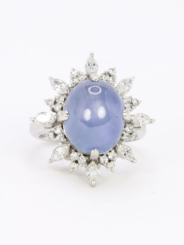 Bague 51.5 Bague marguerite en platine, saphir étoilé de Ceylan 12,34 ct et diamants 58 Facettes 1131.1