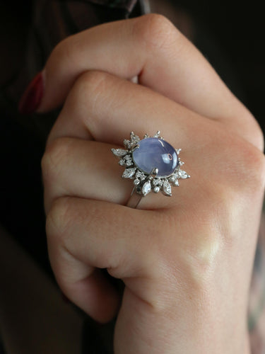 Bague 51.5 Bague marguerite en platine, saphir étoilé de Ceylan 12,34 ct et diamants 58 Facettes 1131.1