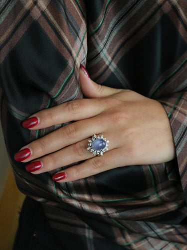 Bague 51.5 Bague marguerite en platine, saphir étoilé de Ceylan 12,34 ct et diamants 58 Facettes 1131.1