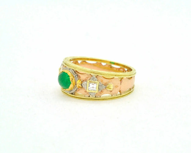 Bague 55 Bague en or jaune et rose 18 ct avec émeraude cabochon et diamants 58 Facettes 8115