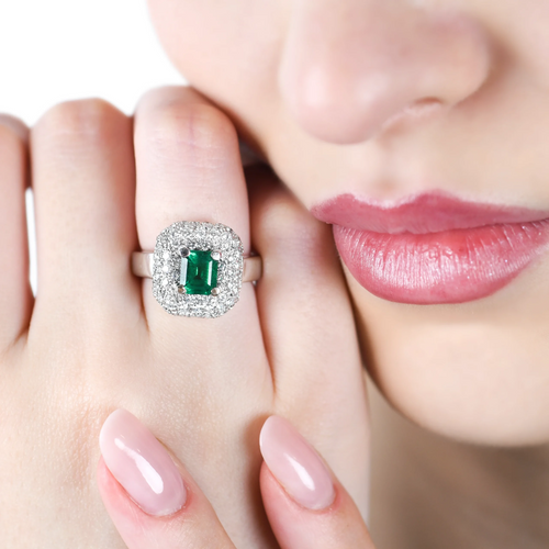 Bague Bague - en or blanc 18 ct avec émeraude de Zambie et diamants 58 Facettes 14562