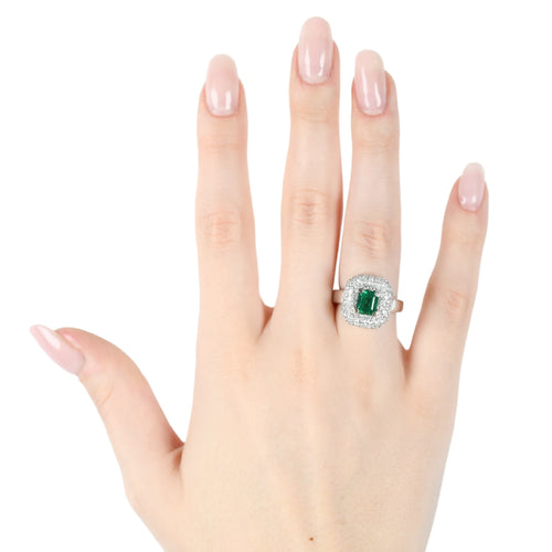 Bague Bague - en or blanc 18 ct avec émeraude de Zambie et diamants 58 Facettes 14562