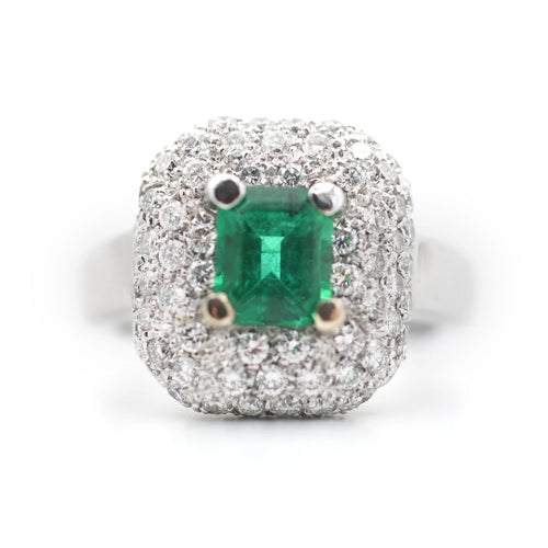 Bague Bague - en or blanc 18 ct avec émeraude de Zambie et diamants 58 Facettes 14562