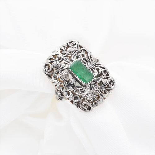 Bague Bague vintage en or 18 carats et argent avec émeraude et diamant 58 Facettes 16925