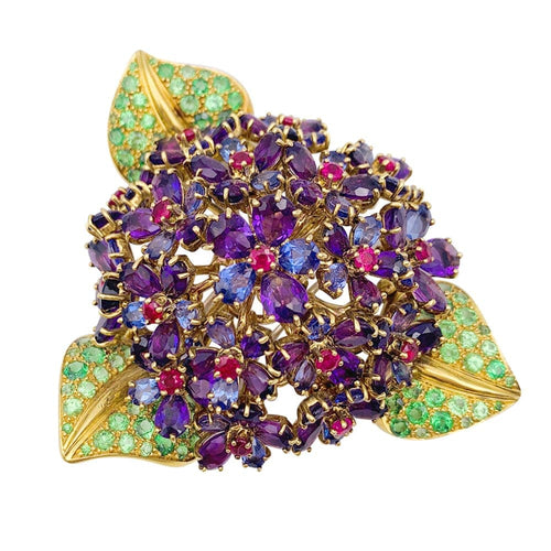 Boucles d'oreilles René Boivin « Bouquet de Violettes » - Clip en or jaune 750 et gemmes 58 Facettes 30363