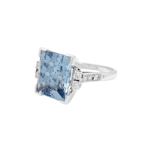 Bague 58 Bague cocktail en or blanc et platine avec aigue-marine et diamants 58 Facettes 34684