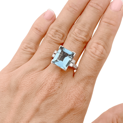 Bague 58 Bague cocktail en or blanc et platine avec aigue-marine et diamants 58 Facettes 34684