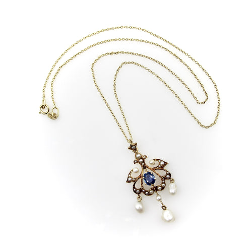 Pendentif Époque édouardienne - Pendentif en or 14k saphir et perles de semence 58 Facettes A2005T