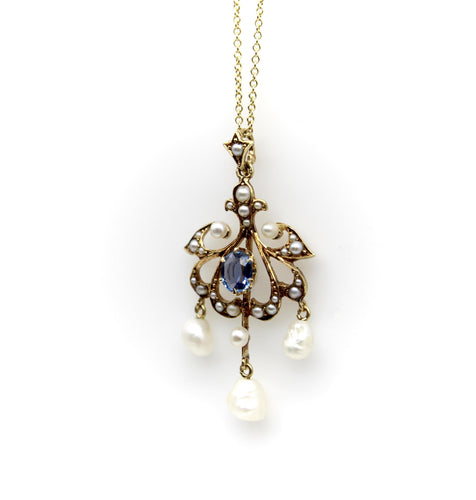 Pendentif Époque édouardienne - Pendentif en or 14k saphir et perles de semence 58 Facettes A2005T