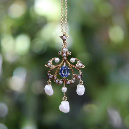 Pendentif Époque édouardienne - Pendentif en or 14k saphir et perles de semence 58 Facettes A2005T