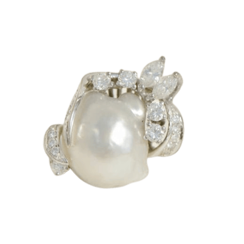 Bague 54 Ring statement en or blanc 14K avec perle de Tahiti et diamants 58 Facettes 3229-16