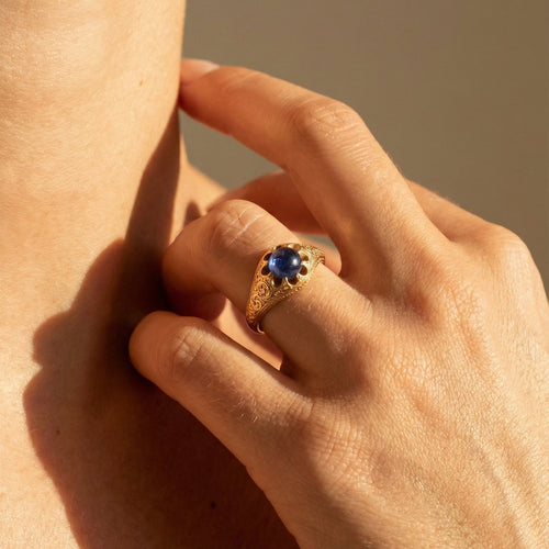 Bague 55.5 Bague antique en or jaune 14K avec saphir cabochon 58 Facettes 3229-8