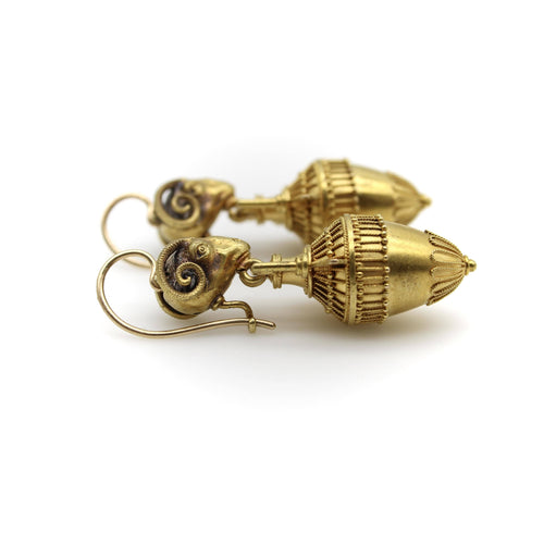 Boucles d'oreilles Etruscan Revival - Boucles d’oreilles cannetille en or 14K tête de bélier 58 Facettes A20042