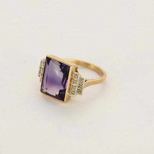 Bague 54 Bague Art déco en or jaune 18K et platine, améthyste et diamants 58 Facettes BLO0462