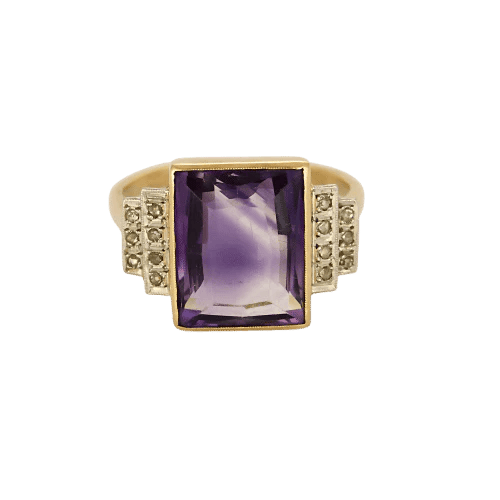 Bague 54 Bague Art déco en or jaune 18K et platine, améthyste et diamants 58 Facettes BLO0462