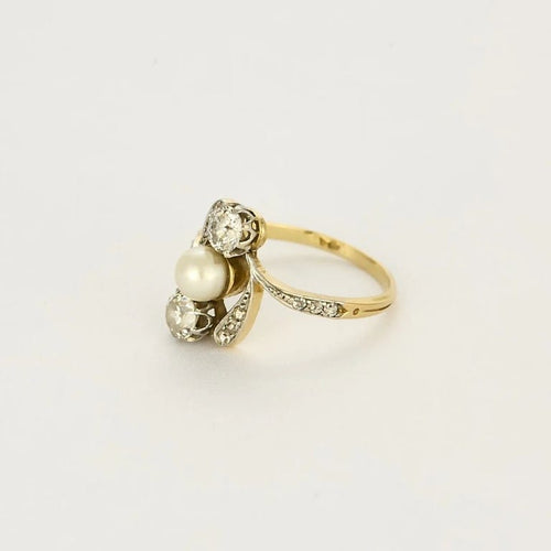 Bague 56 Bague Belle Époque motif naturaliste en or jaune, platine, diamants et perle 58 Facettes LOR3543