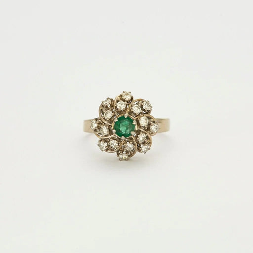 Bague 55 Bague motif floral en platine et or gris avec diamants et émeraude 58 Facettes 240356