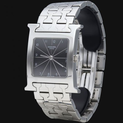Montre Hermès Heure H - Montre en acier, cadran noir quartz 58 Facettes MT42230