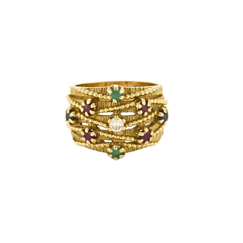 Bague 55 Bague bandeau mouvementée, or jaune, rubis, émeraudes et saphirs 58 Facettes B250458