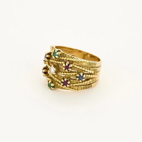 Bague 55 Bague bandeau mouvementée, or jaune, rubis, émeraudes et saphirs 58 Facettes B250458