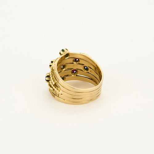 Bague 55 Bague bandeau mouvementée, or jaune, rubis, émeraudes et saphirs 58 Facettes B250458
