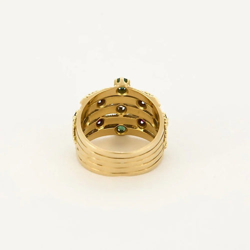 Bague 55 Bague bandeau mouvementée, or jaune, rubis, émeraudes et saphirs 58 Facettes B250458