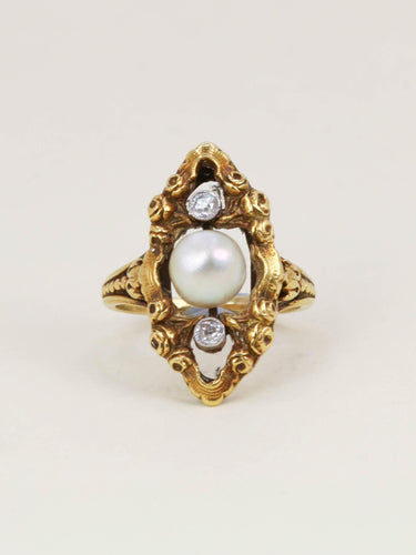 Bague 47 Bague marquise Art Nouveau or jaune perle fine diamants 58 Facettes 1260